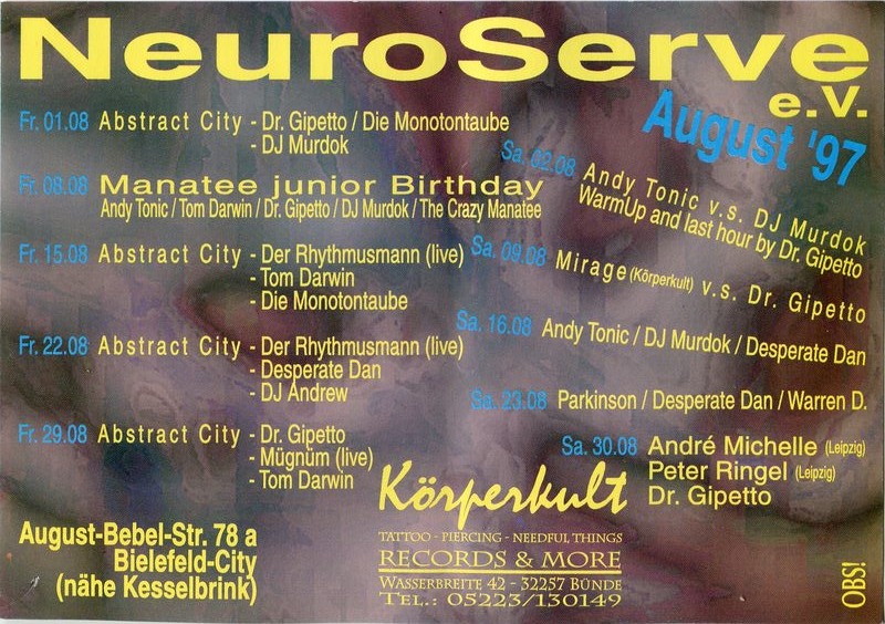 NeuroServe e.V. · August 1997 · August-Bebel-Str. 78a Bielefeld · Andy Tonic · DJ Murdok · Manatee Junior Birthday · The Crazy Manatee · Mirage (Körperkult) · Dr. Gipetto · André Michelle (Leipzig) · Peter Ringel · Programm-Karte
