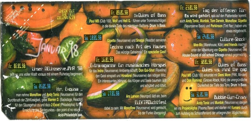 NeuroServe e.V. · Januar 1998 · Bielefeld · Acid-Philadelphi · Andy Tonic · Monoflow · Snappi · Gipetto · Indra · Don Qui-Shot · Hirsebrei · Ars Larson · Tag der offenen Tür · Mee-Mo · Dukes of Bass · Paul MB · Demi More · Don Ramirez · Bubble-Gum-Crisis