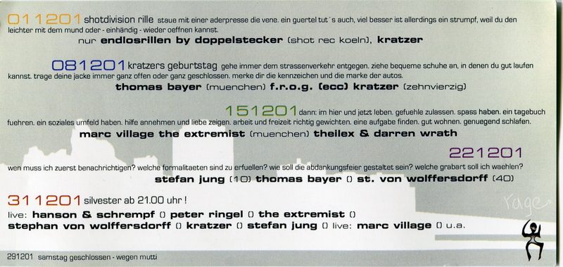 zehnvierzig Leipzig · Dezember 2001 · 01.12. Shotdivision Rille mit endlosrillen by Doppelstecker (shot rec koeln) · 08.12. Kratzers Geburtstag mit Thomas Bayer (München) · F.R.O.G. (ECC) · 15.12. Marc Village The Extremist (München) · Theilex · Darren Wrath · 22.12. Stefan Jung · Thomas Bayer · St. von Wolffersdorff · 31.12. Silvester · live: Hanson & Schrempf · Peter Ringel · The Extremist · Stephan von Wolffersdorff · live: Marc Village