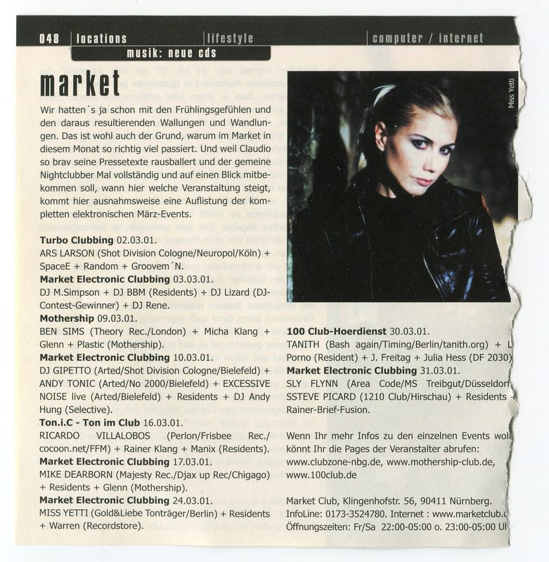 market club Nürnberg · März 2001 · Programm · Klingenhofstr. 56 · 90411 Nürnberg · Turbo Clubbing 02.03.2001 mit ARS LARSON (Shot Division Cologne/Neuropol/Köln) · SpaceE · Random · Groovem'N · weiter: Ben Sims · Gipetto · Tanith · Mike Dearborn · Ricardo Villalobos · Miss Yetti