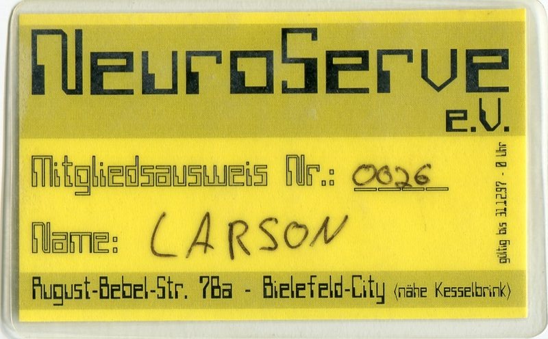 NeuroServe e.V. · Mitgliedsausweis · Nr. 0026 · LARSON · gültig bis 31.12.1997 · 8 Uhr · August-Bebel-Str. 78a · Bielefeld-City
